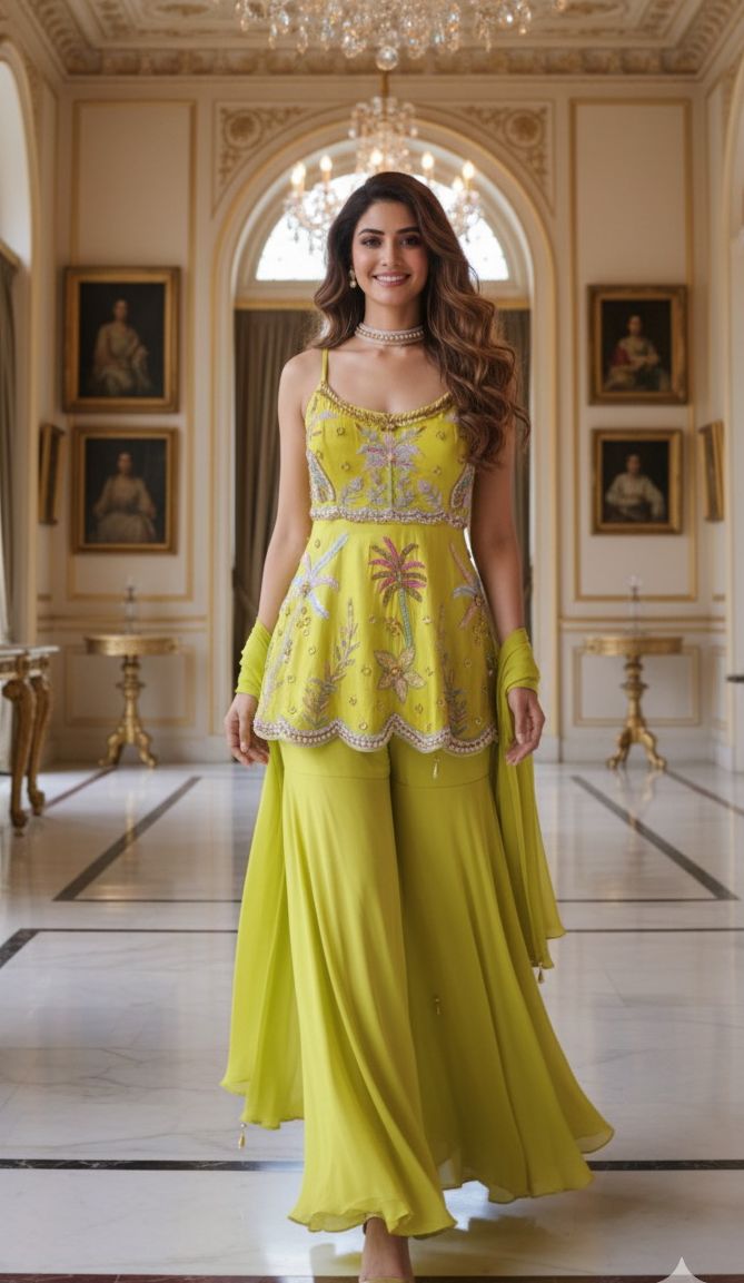 Premium Bright Yellow Peplum Top and Palazzo Ensemble Featuring Handcrafted Floral Embroidery and Elegant Dupatta