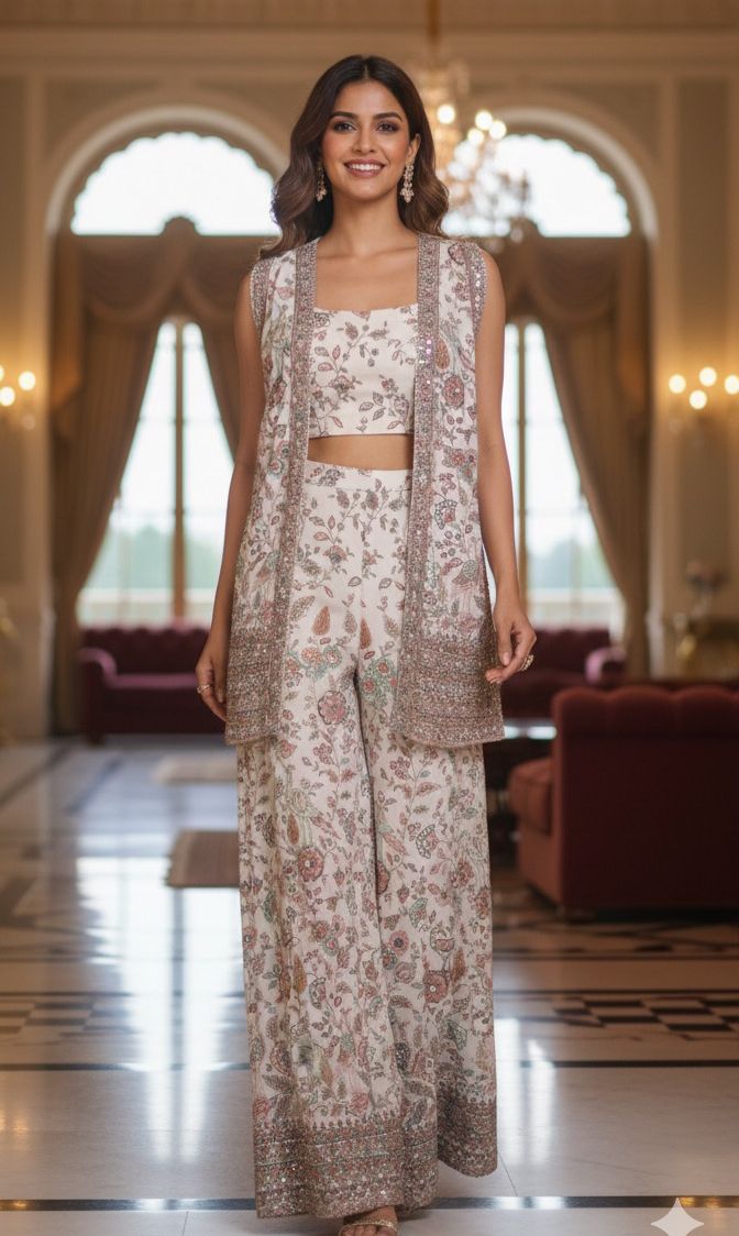 Elegant Emerald Green Designer Ensemble Featuring Heavy Embroidered Jacket and Matching Flared Palazzo