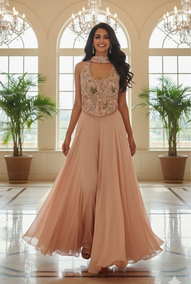 Luxury Embellished Halter Neck Crop Top with Multi-Colour Handwork and High-Flare Palazzo Set With Chokar Dupatta DRYWASH