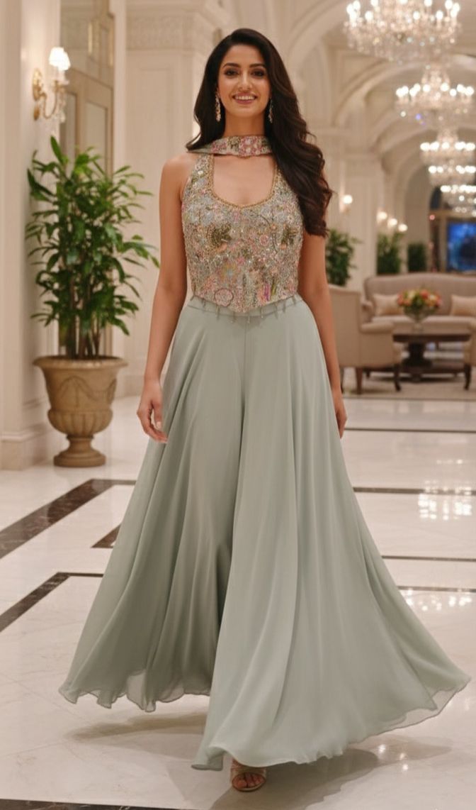 Luxury Embellished Halter Neck Crop Top with Multi-Colour Handwork and High-Flare Palazzo Set With Chokar Dupatta DRYWASH