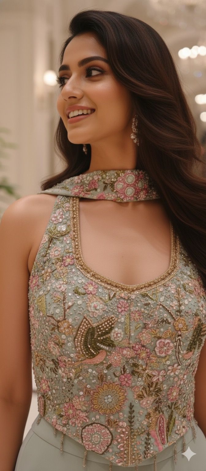 Luxury Embellished Halter Neck Crop Top with Multi-Colour Handwork and High-Flare Palazzo Set With Chokar Dupatta DRYWASH