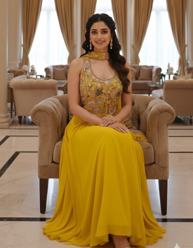 Luxury Embellished Halter Neck Crop Top with Multi-Colour Handwork and High-Flare Palazzo Set With Chokar Dupatta DRYWASH