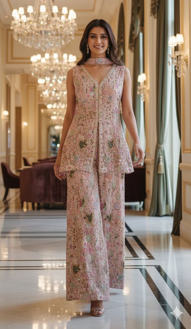 Exclusive Multi-Color Handwork Top and Palazzo Co-Ord Set with Mirror, Sequins & Thread Embroidery With Choker Dupatta