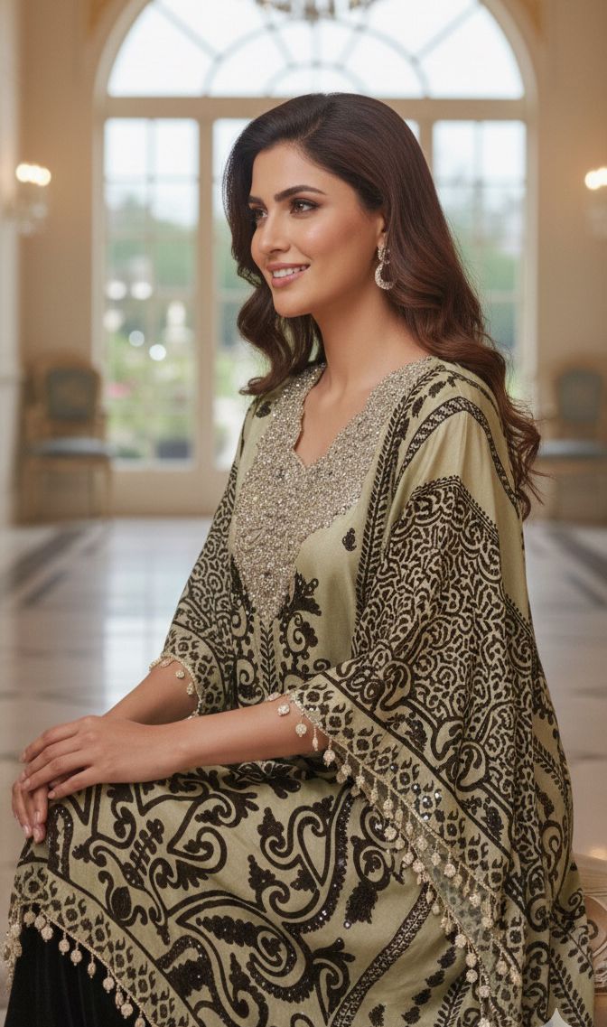 Sequin & Tiny Pearl Neck Line Printed Heavy Kaftan- 07846