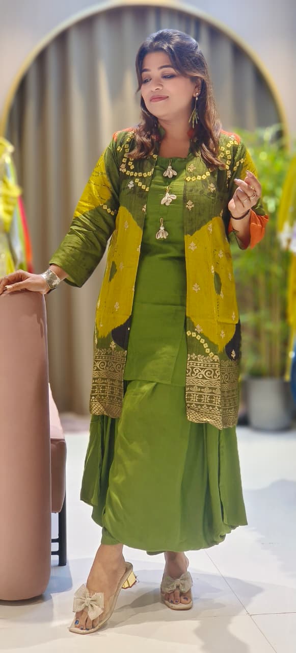 Designer Multi-Tone Silk Jacket Style Kurta Set with Golden Zari Border and Green Harem Bottom