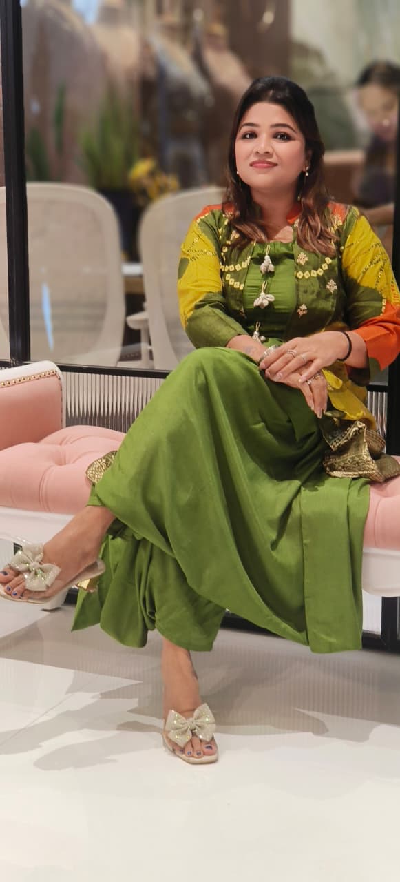 Designer Multi-Tone Silk Jacket Style Kurta Set with Golden Zari Border and Green Harem Bottom