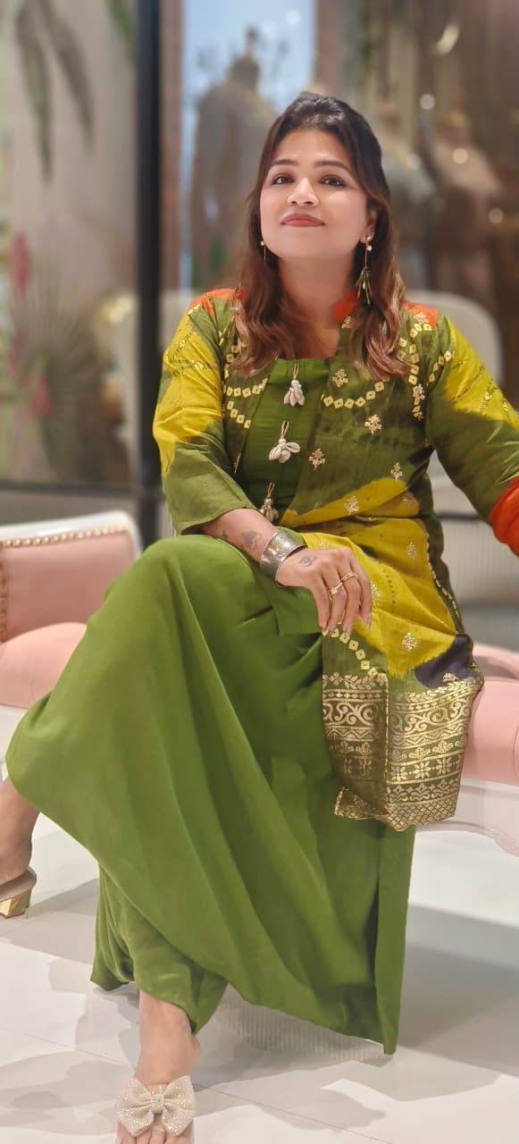 Designer Multi-Tone Silk Jacket Style Kurta Set with Golden Zari Border and Green Harem Bottom