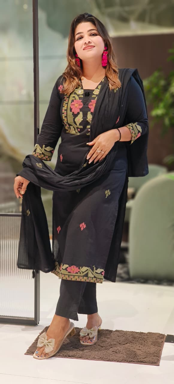 Elegant Cotton Kurta with Cross Stitch Embroidery & Border Detailing with Bottom And Dupatta