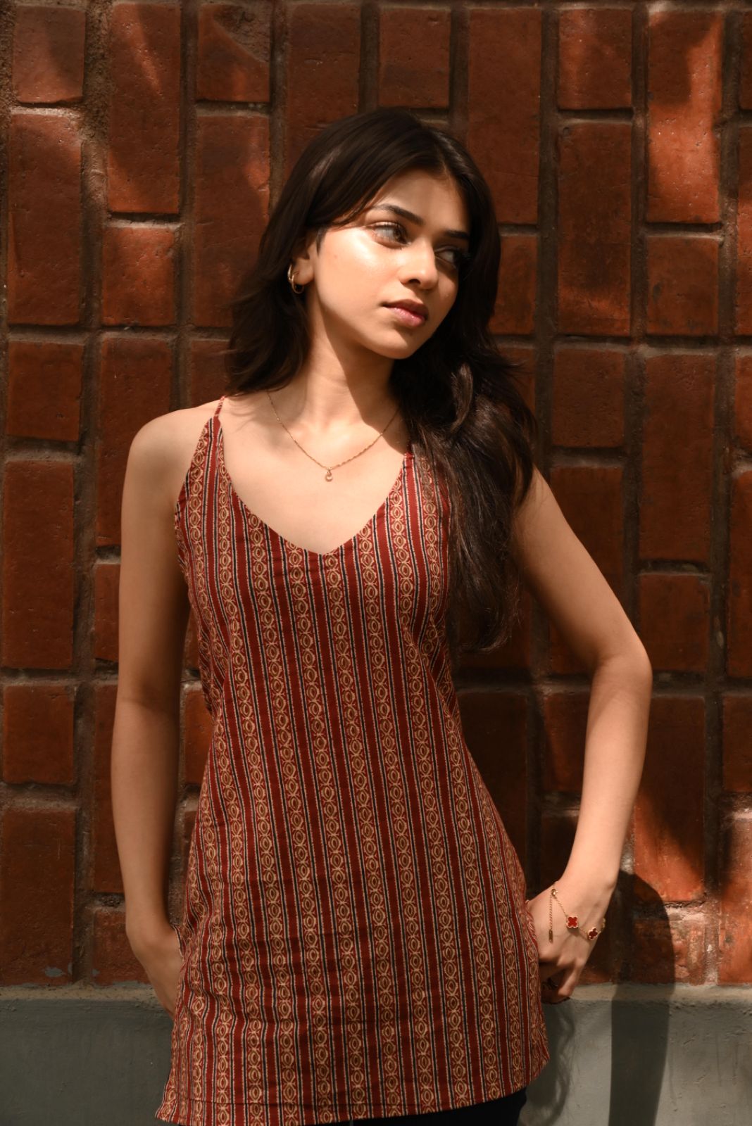 Boho Printed Spaghetti Strap Cami Top with Stylish Back Lace-Up Design For Teens