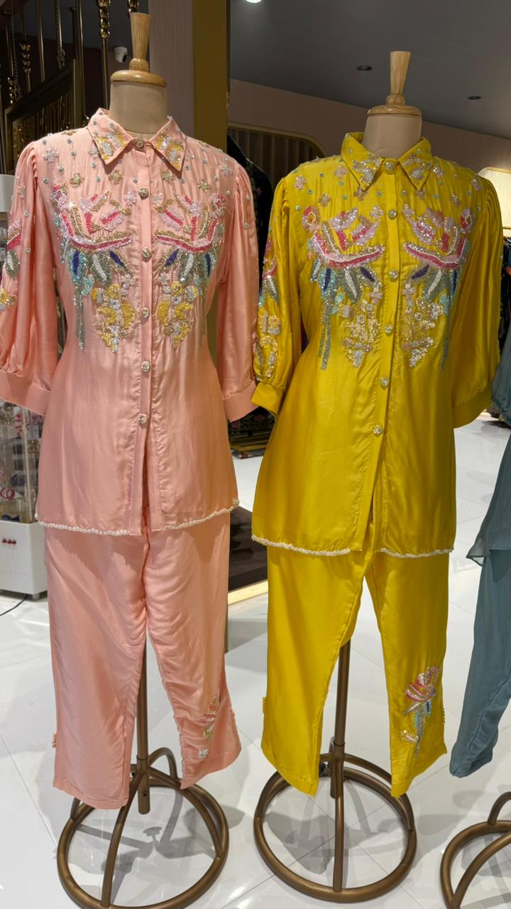 Colorful Sequin Buttoned & Collared Balloon Sleeve Co-Ord Set-12680