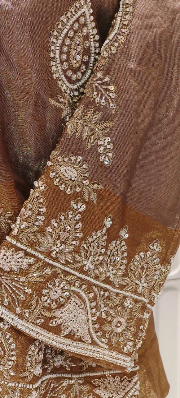 Premium Tissue Heavy Handwork Pearl Line Collared Double Tone Jacket With Buster & Loose Bottom- 123176