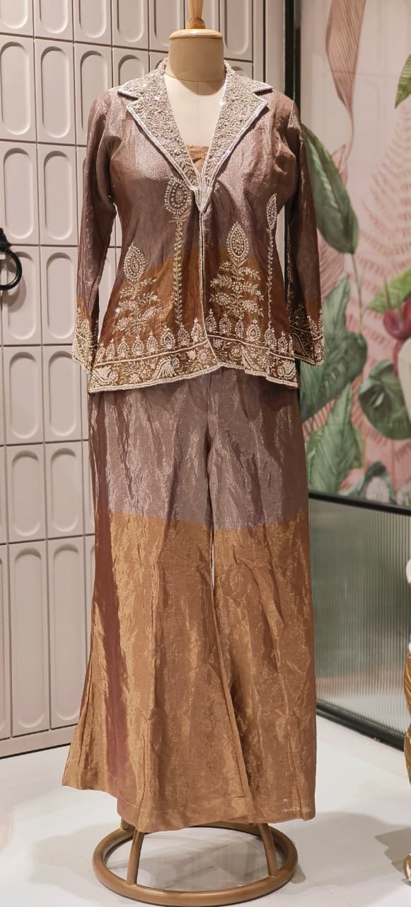 Premium Tissue Heavy Handwork Pearl Line Collared Double Tone Jacket With Buster & Loose Bottom- 123176