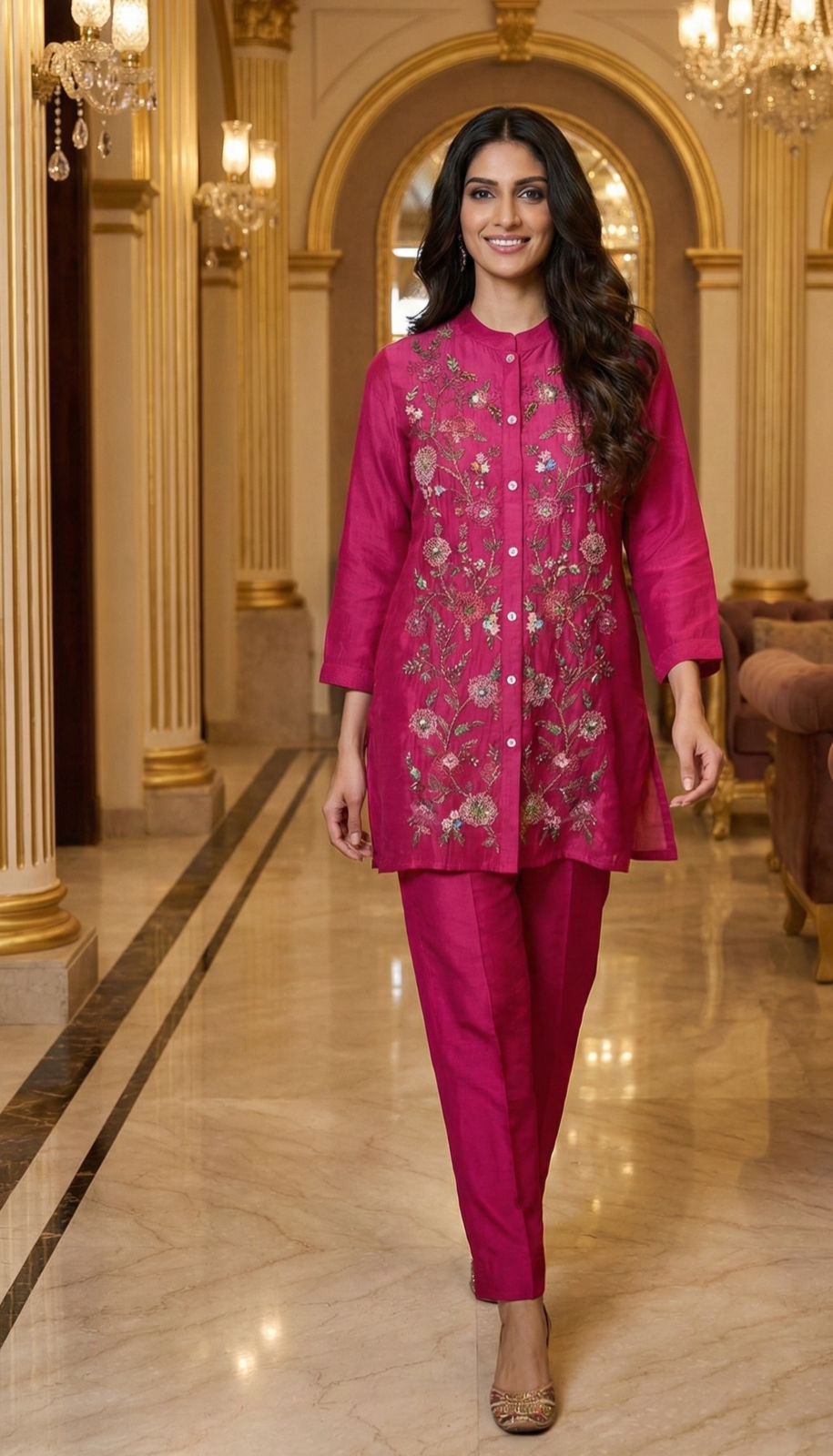 Premium Soft-Mul Chanderi Fabric Kurta Pant Featuring Rich Hand-Style Multithread Floral Embroidery On Full Front Panel-12772,12773