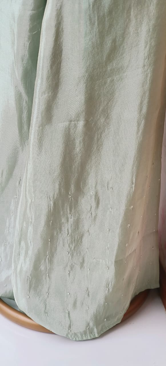 Stylish Indo-Western Co-Ord Set With Hand-Embellished Pearl Work Wrap, Sleeveless Inner and Matching Loose Pants in Shimmer Tissue Fabric-12713,12714