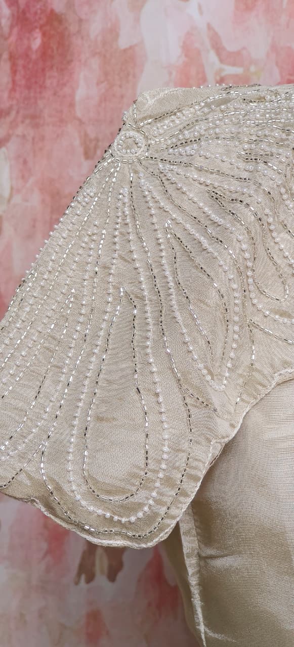 Stylish Indo-Western Co-Ord Set With Hand-Embellished Pearl Work Wrap, Sleeveless Inner and Matching Loose Pants in Shimmer Tissue Fabric-12713,12714