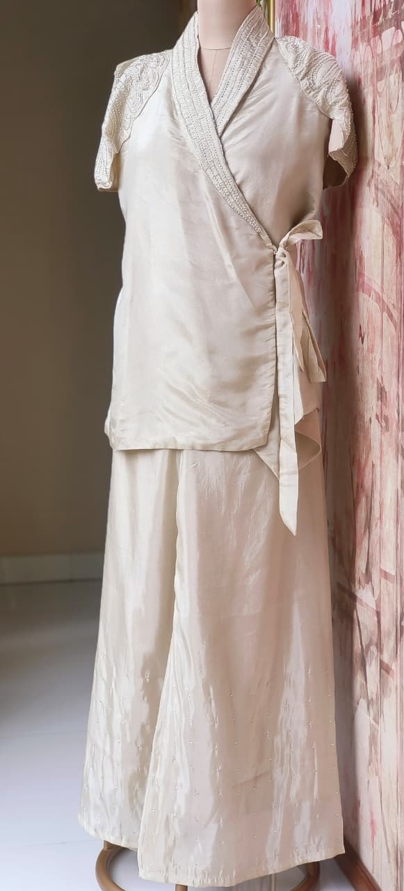 Stylish Indo-Western Co-Ord Set With Hand-Embellished Pearl Work Wrap, Sleeveless Inner and Matching Loose Pants in Shimmer Tissue Fabric-12713,12714