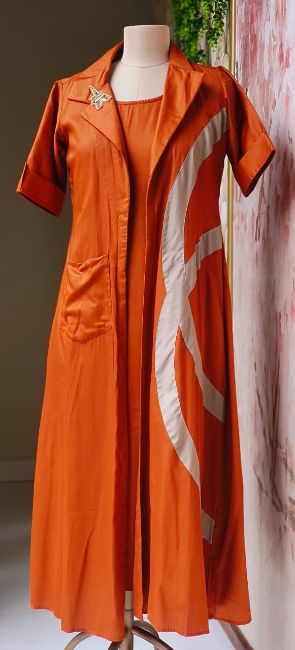 Contemporary Glaze Cotton Layered Dress with Inner And Collared Shrug,Chic Contrast Pattern on Side-1274,12742 DISPATCHING AFTER 25 DAYS