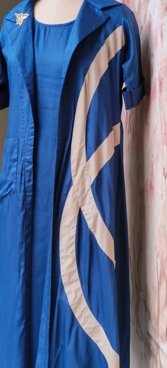 Contemporary Glaze Cotton Layered Dress with Inner And Collared Shrug,Chic Contrast Pattern on Side-1274,12742 DISPATCHING AFTER 25 DAYS