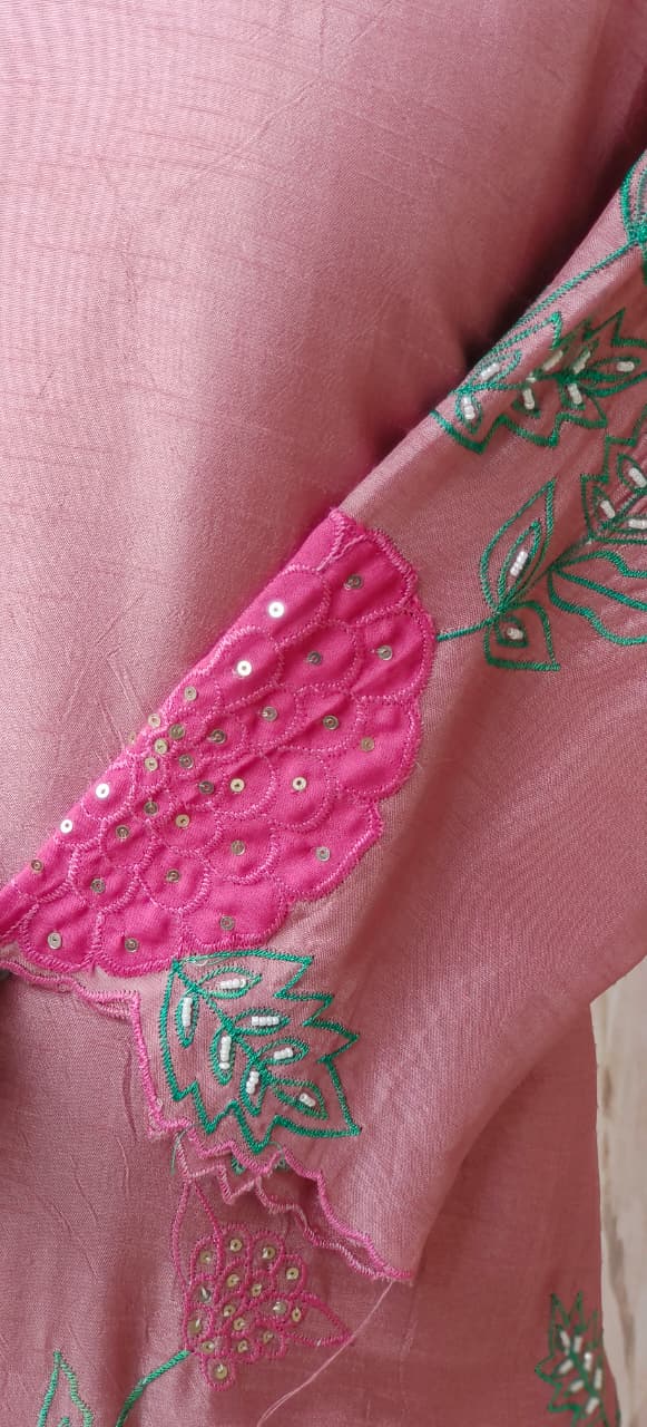 Lightweight Dola Silk Fabric Kurti Pant With Hand-Style Multicolour Floral Motifs and Detailed Leaf Embroidery-12733,12734