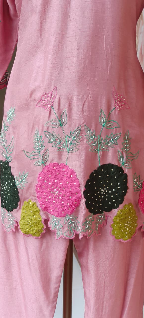 Lightweight Dola Silk Fabric Kurti Pant With Hand-Style Multicolour Floral Motifs and Detailed Leaf Embroidery-12733,12734