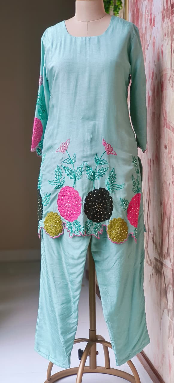 Lightweight Dola Silk Fabric Kurti Pant With Hand-Style Multicolour Floral Motifs and Detailed Leaf Embroidery-12733,12734