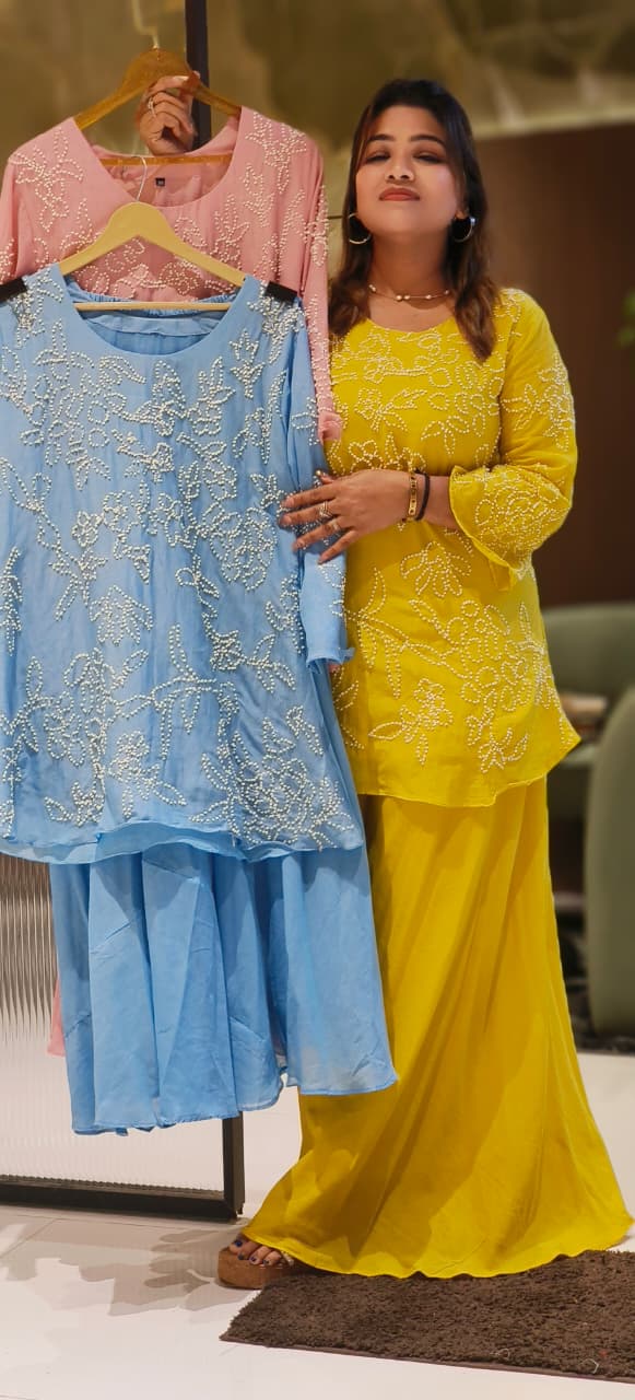 Elegant MulCotton Kurti With All-Over Hand-Style White Embroidery Paired With Flowing Loose Palazzo pant-12717,12719,12719