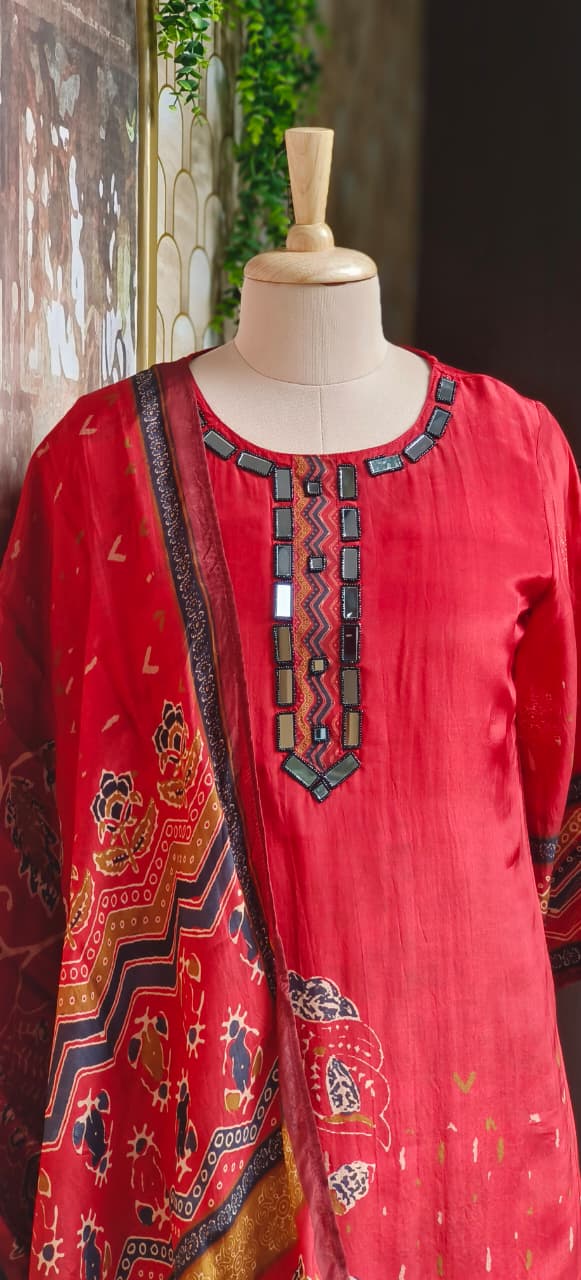 Premium Crepe Printed Suit Set With Real Mirror-Work Neckline, Designer Sleeves & Matching Dupatta-12810,12808