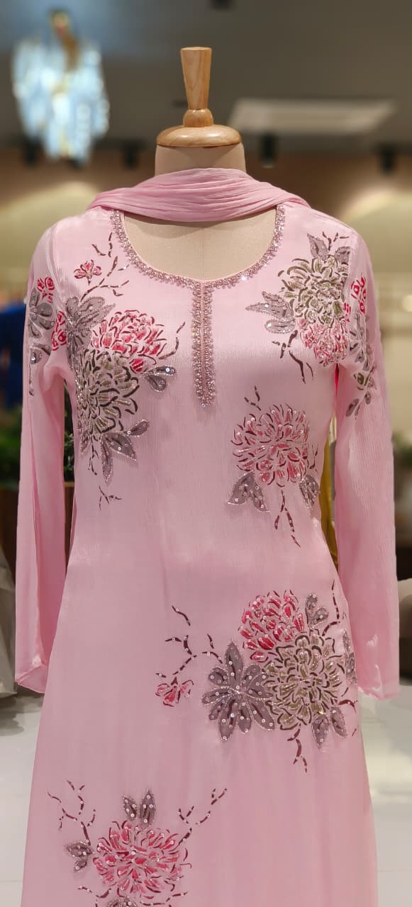 Designer Chinon Anarkali Outfit Adorned with Cut-Dana Embroidery and Coordinated Bottom–Dupatta-12727,12728