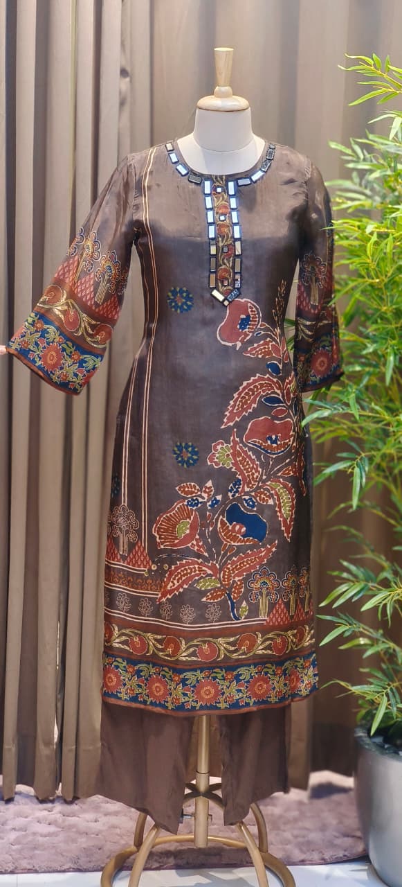 Premium Crepe Printed Suit Set With Real Mirror-Work Neckline, Designer Sleeves & Matching Dupatta-12810,12808