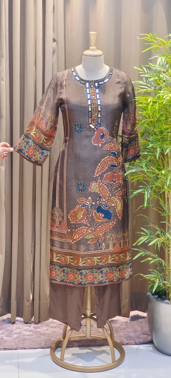 Premium Crepe Printed Suit Set With Real Mirror-Work Neckline, Designer Sleeves & Matching Dupatta-12810,12808