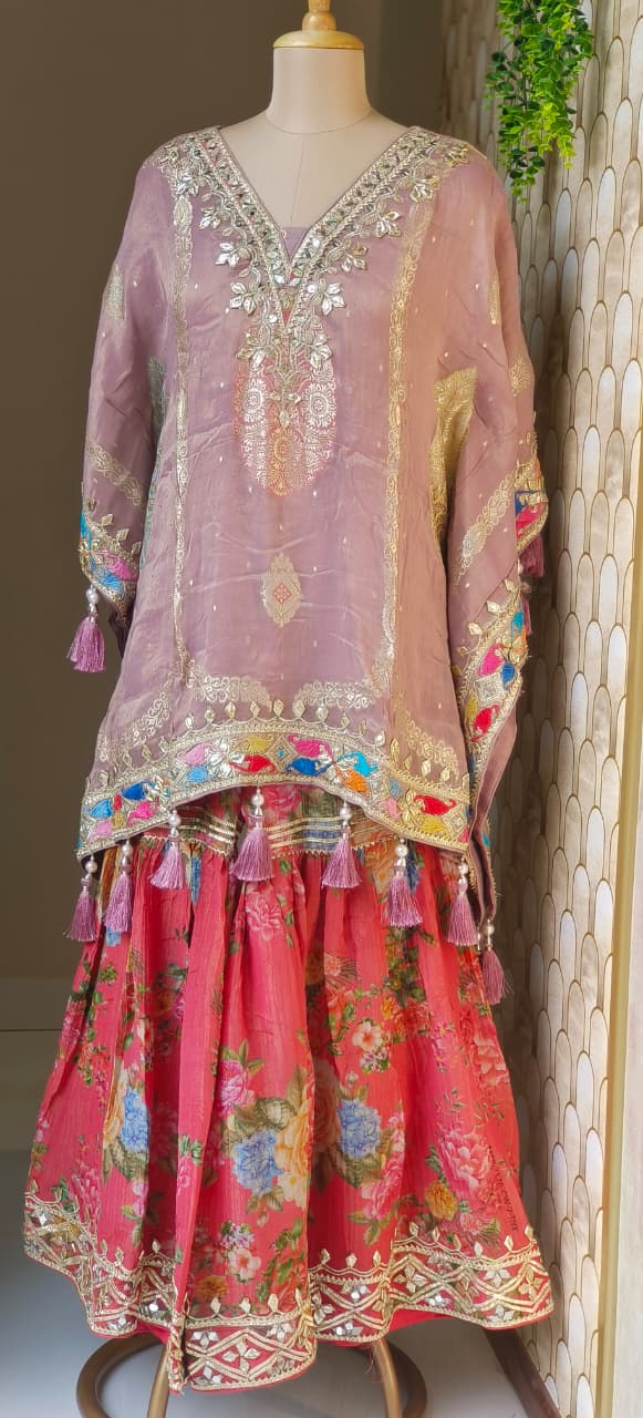 Multicolor Gotta Work Golden Brocade Embellishment Heavily Tasseled Kaftan With Floral Printed Gotta Lace Work Sharara Flared Bottom & Matching Bottom Potli- 12494, 12495