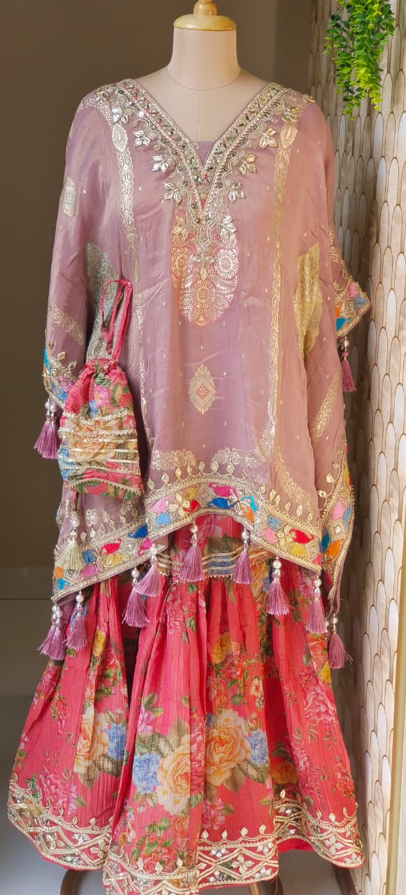 Multicolor Gotta Work Golden Brocade Embellishment Heavily Tasseled Kaftan With Floral Printed Gotta Lace Work Sharara Flared Bottom & Matching Bottom Potli- 12494, 12495