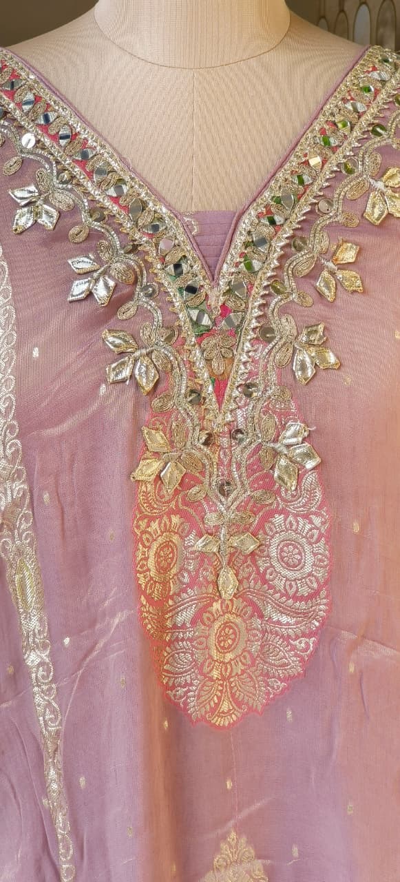 Multicolor Gotta Work Golden Brocade Embellishment Heavily Tasseled Kaftan With Floral Printed Gotta Lace Work Sharara Flared Bottom & Matching Bottom Potli- 12494, 12495