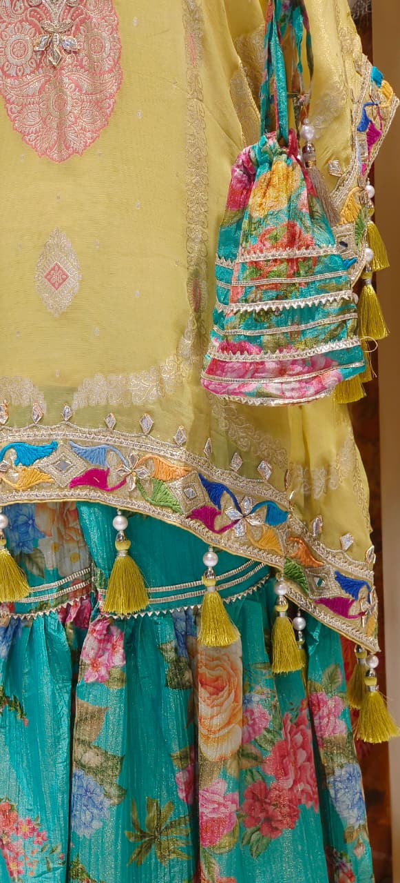 Multicolor Gotta Work Golden Brocade Embellishment Heavily Tasseled Kaftan With Floral Printed Gotta Lace Work Sharara Flared Bottom & Matching Bottom Potli- 12494, 12495