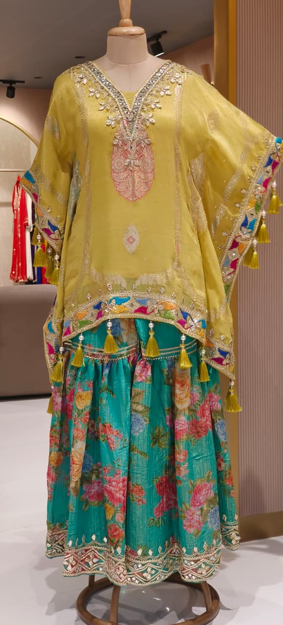 Multicolor Gotta Work Golden Brocade Embellishment Heavily Tasseled Kaftan With Floral Printed Gotta Lace Work Sharara Flared Bottom & Matching Bottom Potli- 12494, 12495
