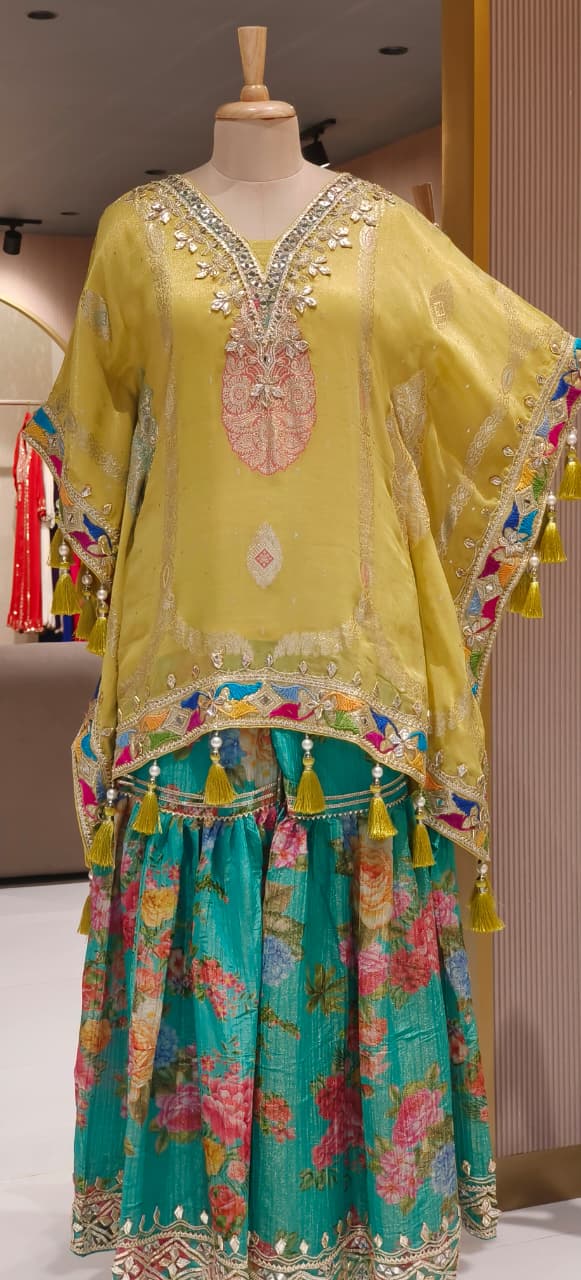 Multicolor Gotta Work Golden Brocade Embellishment Heavily Tasseled Kaftan With Floral Printed Gotta Lace Work Sharara Flared Bottom & Matching Bottom Potli- 12494, 12495