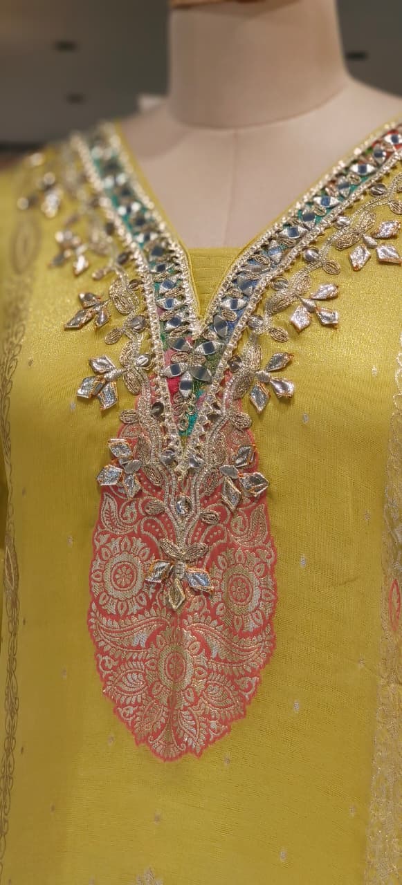 Multicolor Gotta Work Golden Brocade Embellishment Heavily Tasseled Kaftan With Floral Printed Gotta Lace Work Sharara Flared Bottom & Matching Bottom Potli- 12494, 12495