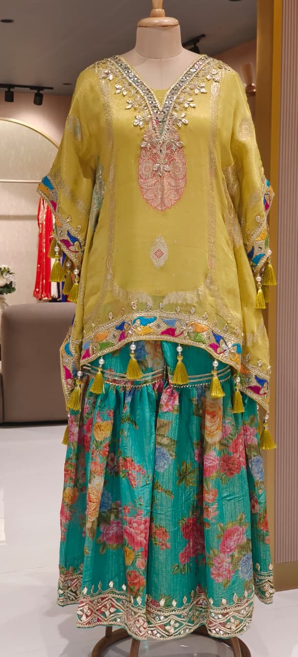 Multicolor Gotta Work Golden Brocade Embellishment Heavily Tasseled Kaftan With Floral Printed Gotta Lace Work Sharara Flared Bottom & Matching Bottom Potli- 12494, 12495