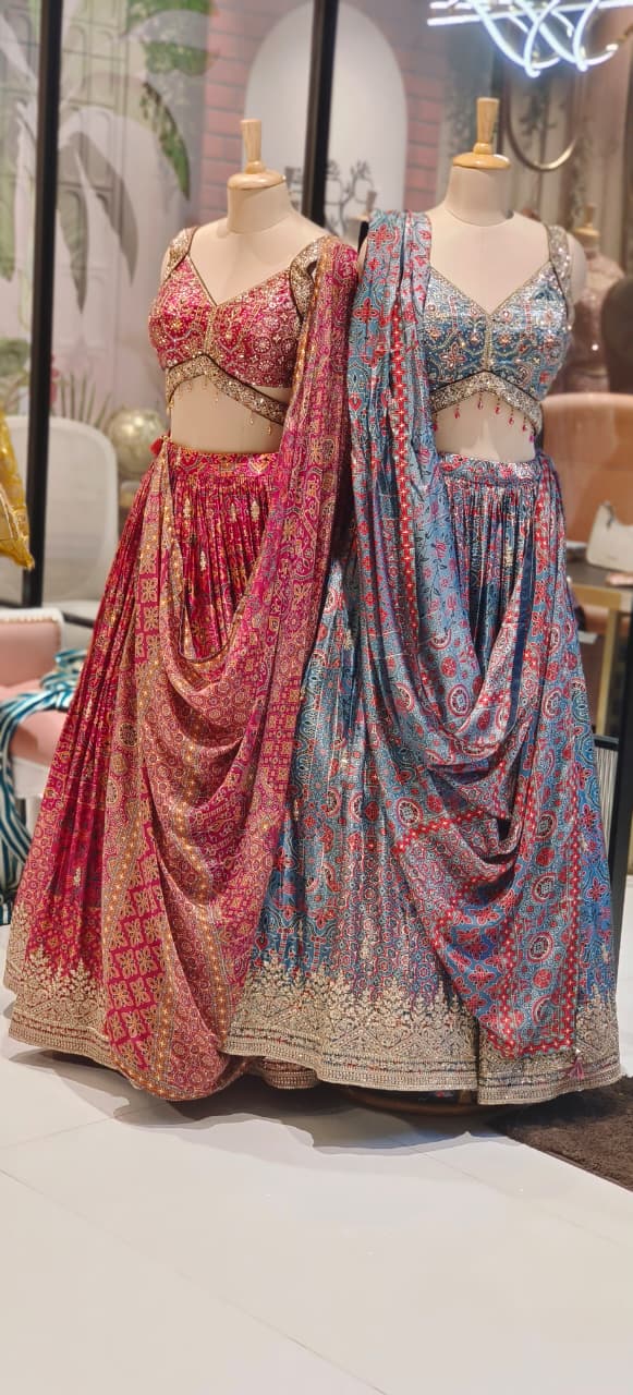 Designer Premium Pure Fabric Gajji Silk Sleeveless Blouse With Flared Lehenga (Cane-Cane Inside) & Printed Dupatta (Separate Sleeves)-12660