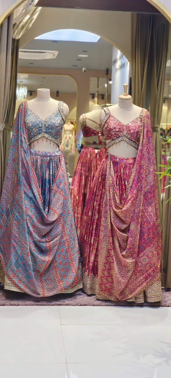 Designer Premium Pure Fabric Gajji Silk Sleeveless Blouse With Flared Lehenga (Cane-Cane Inside) & Printed Dupatta (Separate Sleeves)-12660