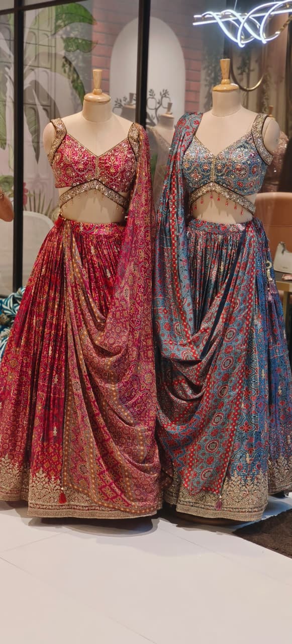 Designer Premium Pure Fabric Gajji Silk Sleeveless Blouse With Flared Lehenga (Cane-Cane Inside) & Printed Dupatta (Separate Sleeves)-12660