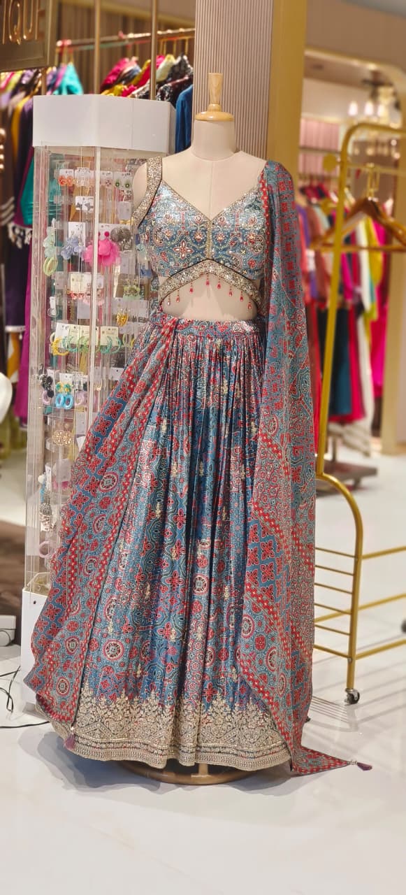 Designer Premium Pure Fabric Gajji Silk Sleeveless Blouse With Flared Lehenga (Cane-Cane Inside) & Printed Dupatta (Separate Sleeves)-12660