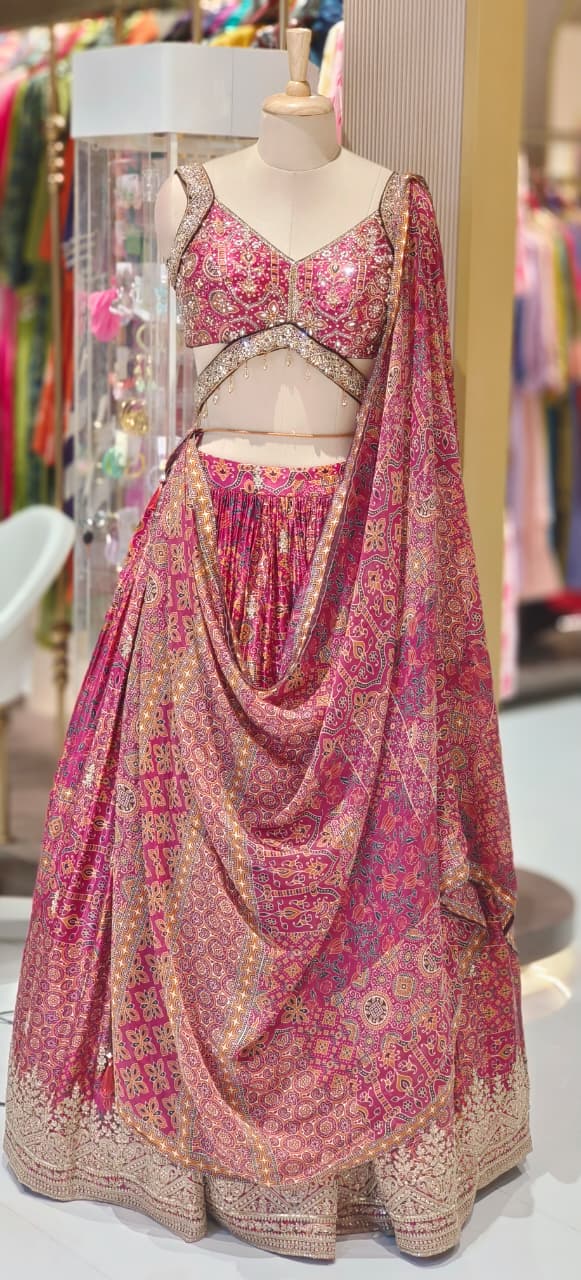 Designer Premium Pure Fabric Gajji Silk Sleeveless Blouse With Flared Lehenga (Cane-Cane Inside) & Printed Dupatta (Separate Sleeves)-12660