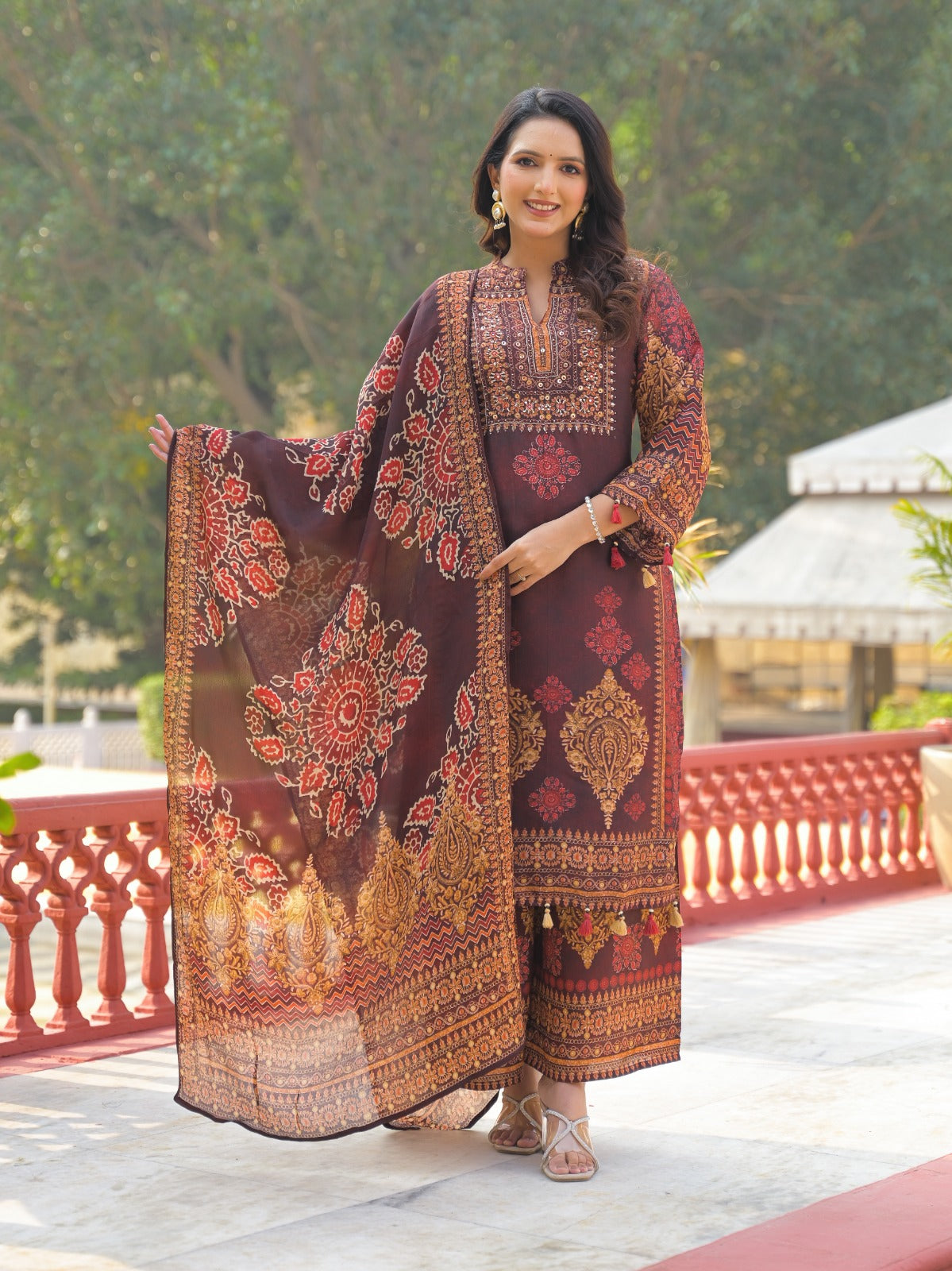 Placement Print Mandarin Collar Full Suit Set With Dupatta & Loose Palazzo Bottom In Dola Silk-10804