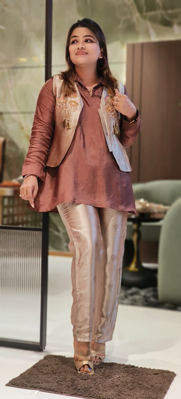 Premium Look Multicolor Floral Thread Work Outer With Kurta Pant In Banarasi Tissue Fabric- 12871