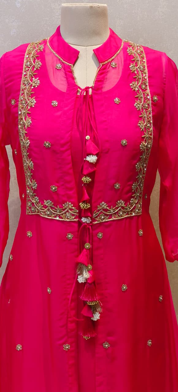 Co-Ordinated Neck Line Pearl Tassel Fronted Slitted Long Organza Outer With Kurta Pant Set In Silk Fabric- 12776, 12775, 12774