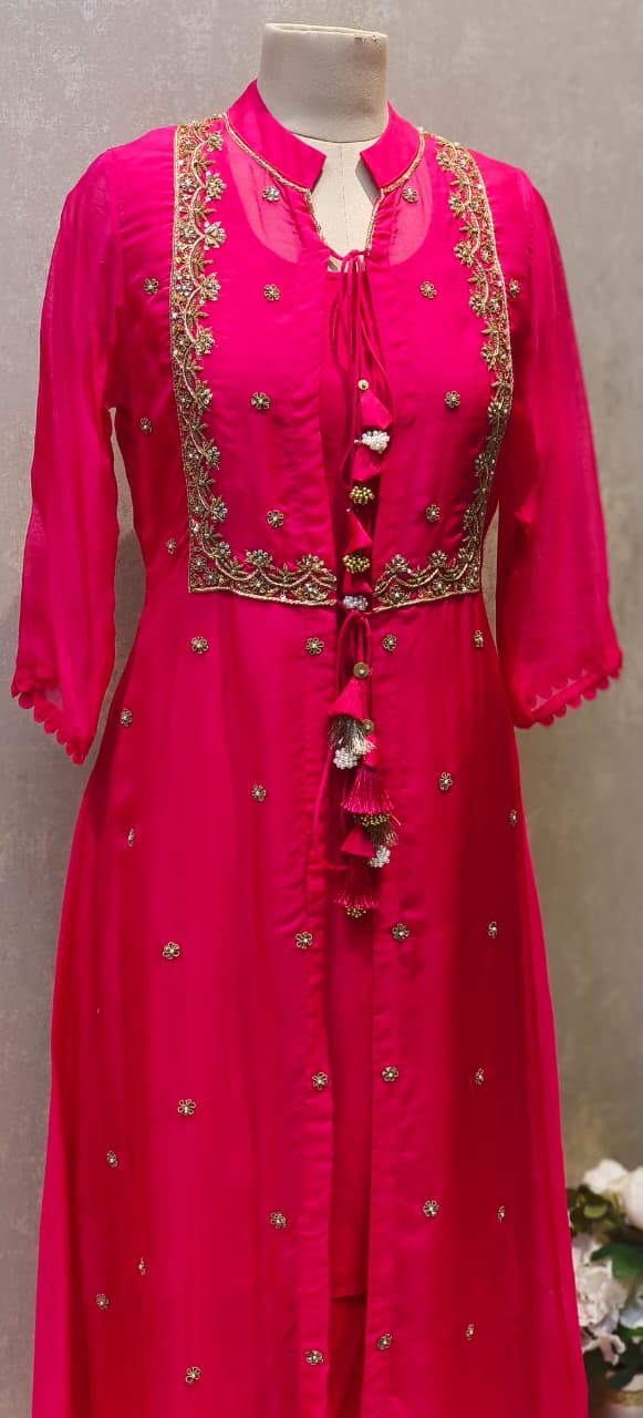 Co-Ordinated Neck Line Pearl Tassel Fronted Slitted Long Organza Outer With Kurta Pant Set In Silk Fabric- 12776, 12775, 12774