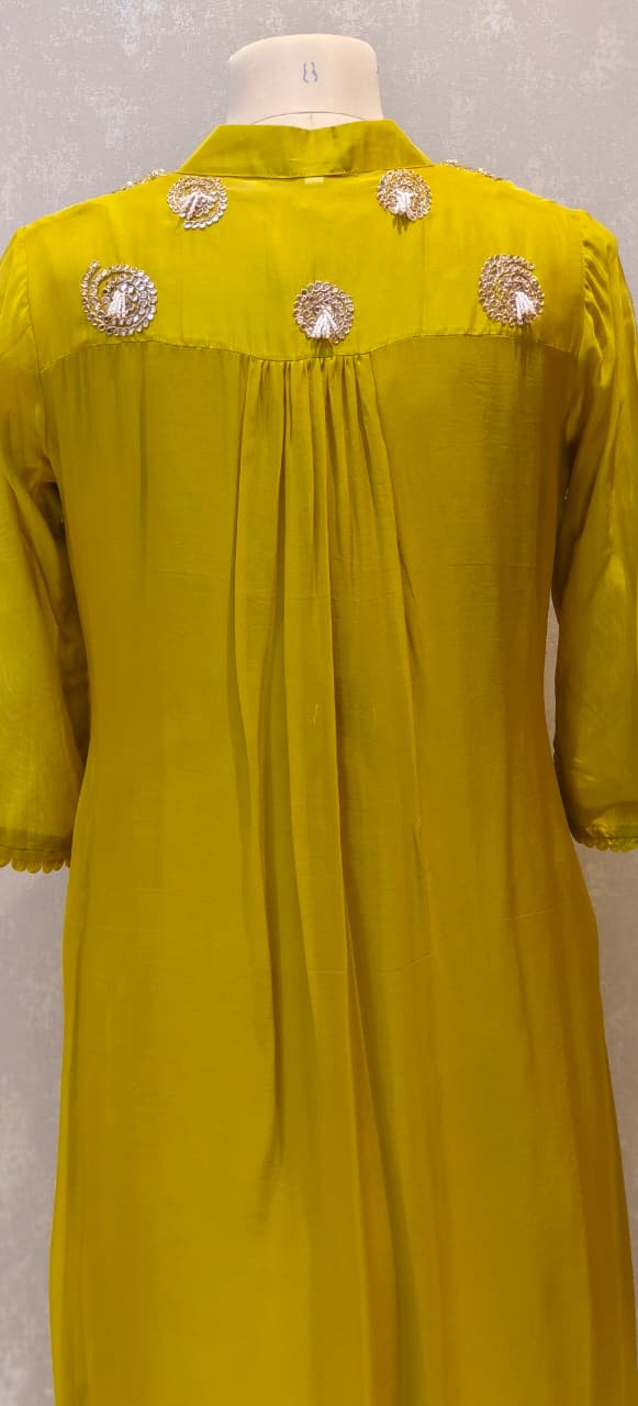 Co-Ordinated Neck Line Pearl Tassel Fronted Slitted Long Organza Outer With Kurta Pant Set In Silk Fabric- 12776, 12775, 12774