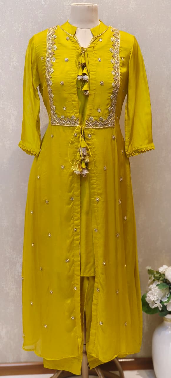 Co-Ordinated Neck Line Pearl Tassel Fronted Slitted Long Organza Outer With Kurta Pant Set In Silk Fabric- 12776, 12775, 12774