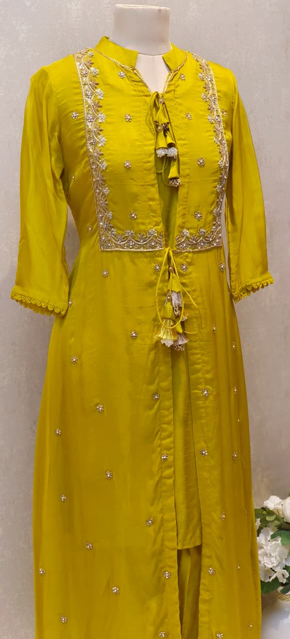Co-Ordinated Neck Line Pearl Tassel Fronted Slitted Long Organza Outer With Kurta Pant Set In Silk Fabric- 12776, 12775, 12774